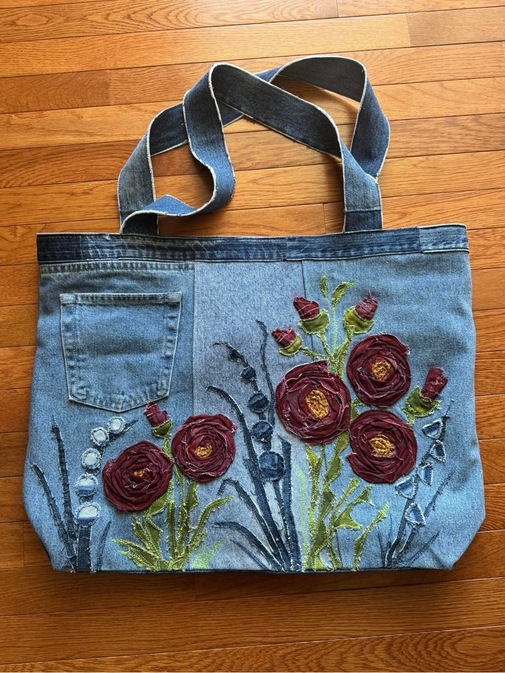 Handcrafted “Rose Garden” Denim Oversized Tote - Picture 6 of 16